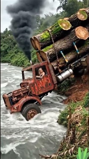 Extreme Logging Truck Crossing a Wild River