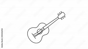 Animated acoustic guitar icon. Live music equipment line animation. Strings vibration, shaking. Festival sound. Black illustration on white background. HD video with alpha channel. Motion graphic