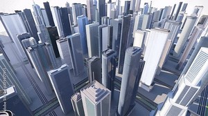 3d animation between high rise skyscrapers and glassy office building Forward camera movement.top of the abstract 3D city of white. Downtown time lapse view.