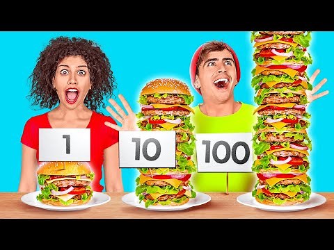 100 LAYERS OF FOOD CHALLENGE! Giant VS Tiny Food for 24 HOURS! 100+ Food Hacks by 123 GO! CHALLENGE