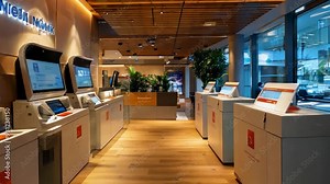 A modern bank branch with digital kiosks, showcasing the future of banking services