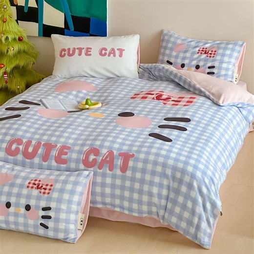 Cute Cat Gingham Bedding Set for Girls Twin Full Queen Bed - Etsy