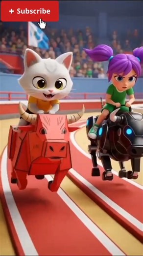 A cute kitten with a cardboard bull competes with a girl with a robot bull 🐾🐂🐃