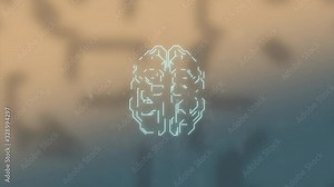 Animated 3d model of human brain over light blurred background and pulsing electrical brainwaves.