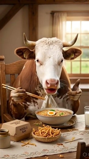 cow eating noodles