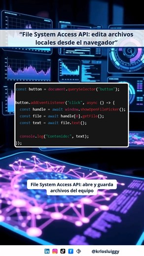 “File System Access API: edita archivos locales desde el navegador” La File System Access API permite leer, editar y guardar archivos directamente desde el navegador. #javascript #frontend #filesystemapi | Krlosluiggy