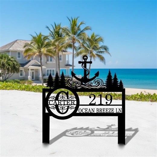 Personalized Coastal Anchor Address Sign, Custom Beach House Metal Yard Sign With Family Name & House Number - Etsy