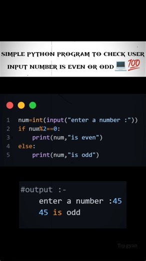 number is Even or odd program in python | #python #pythoncode #pythonforbeginners #evenodd #trpgyan