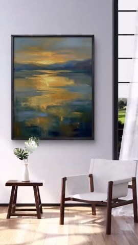 Golden Sunset Oil Painting | Abstract Lake Reflection Art - Etsy
