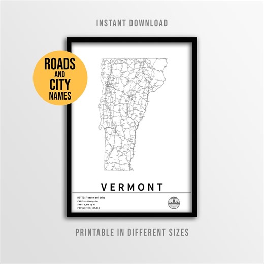 Vermont State Map Poster, Printable USA Road Map With City Names (instant Download) - Etsy Australia
