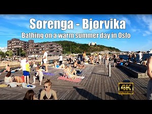 4K Beach on a Warm Summer day in Oslo. Sørenga and Bjørvika bathing places