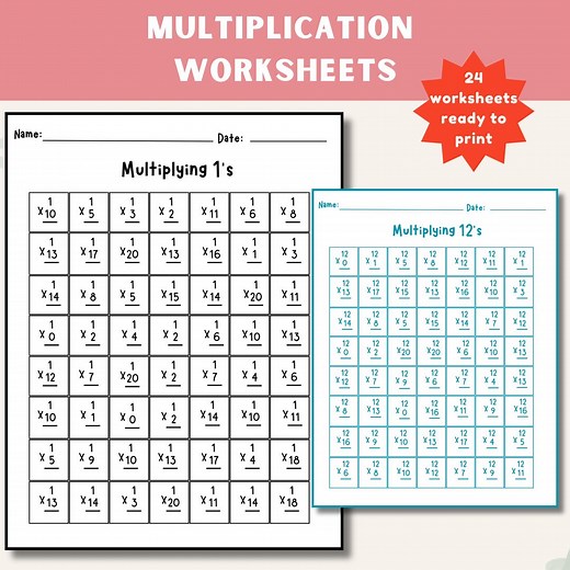 Printable Multiplication Worksheets, Numbers 1-12 (PDF Files) - Etsy