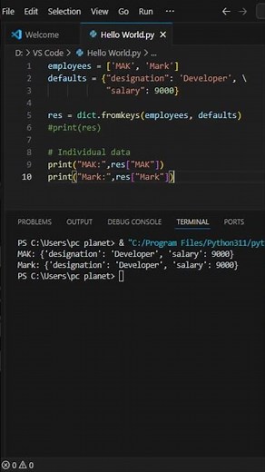 Python masters code to initialize dictionary with default values #python #coding #computerlanguage