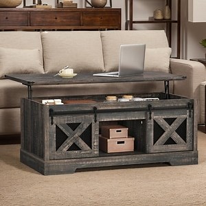 Moasis Lift Top Coffee Table with Hidden Storage and Shelves Farmhouse Sliding Barn Doors - Bed Bath & Beyond - 40135585