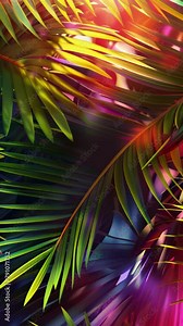 Modern leaves palm shape art video wallpaper. Summer colors botanical tropical leaves and floral pattern design for summer sale banner ,sun light and shadows, pink, yellow leaf , blue, pop art.