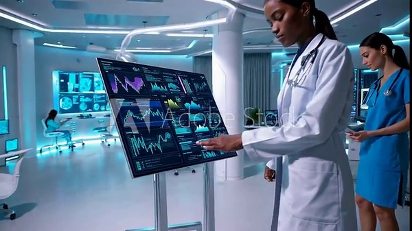 Healthcare professionals managing and distributing patient records and informational assets through advanced digital interface systems and secure data repository connectivity