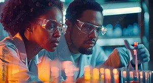 Scientist partners using test tubes and pipettes in a laboratory. Emphasizing teamwork and scientific research