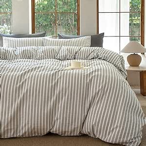 Striped Duvet Cover Set,100% Washed Cotton Line Like Breathable Trendy Bedding Set(Strip-White/Black,King)