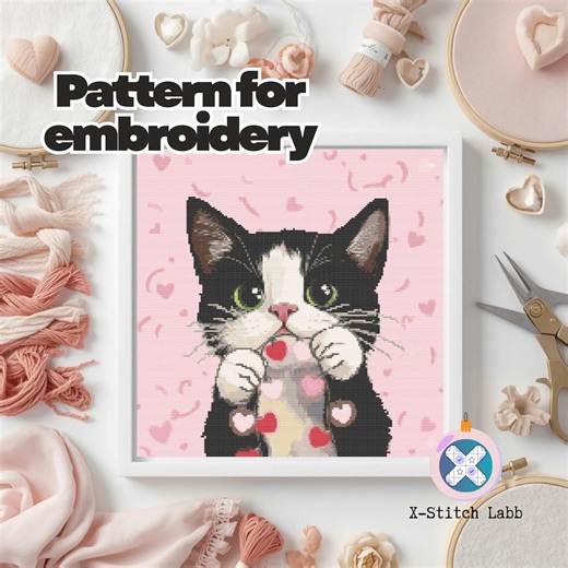 Cross Stitch Pattern PDF, Tuxedo Cat With Hearts, Easy Embroidery Design, Kawaii Animal Needlepoint, Digital Download, DIY Cat Lover Gift - Etsy