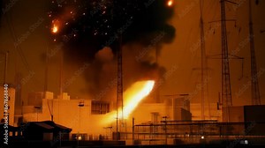 An explosion at an industrial facility with bright flashes and plumes of smoke, captured at night. concept: emergency situations, industrial safety, accidents and news.