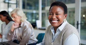 Smile, business woman and tablet in meeting with writing, company budget briefing and collaboration. Financial analyst, teamwork and portrait in boardroom with digital tech for funding request review