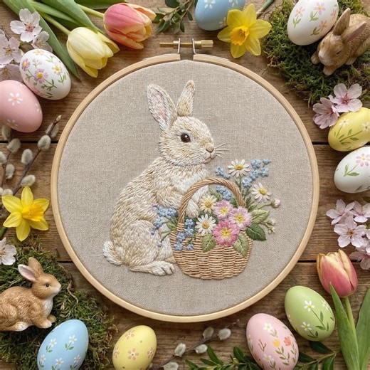 Easter Hand Embroidery Template With Rabbit, Spring Embroidery Pattern PDF With Bunny, Do It Yourself Gifts, Mothers Day Gift For Grandma