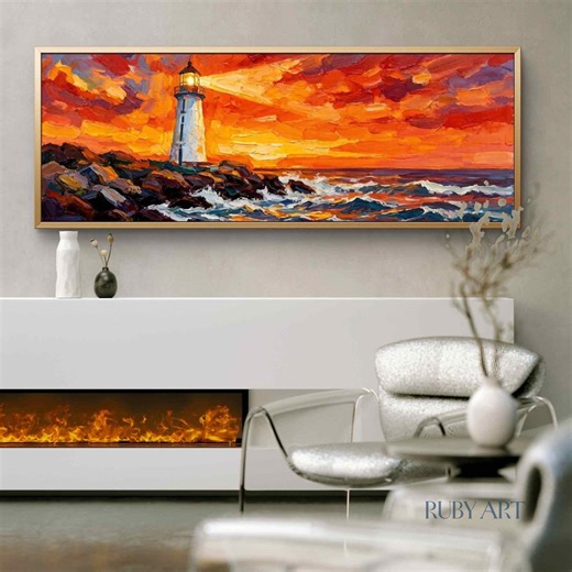 Pintura al óleo original con espátula: Faro al atardecer, olas del océano, arte costero - Etsy México