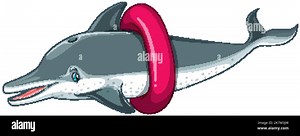 Cute dolphin cartoon character wearing inflatable ring illustration Stock Vector Image & Art - Alamy