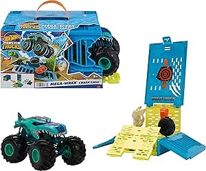 Hot Wheels Toy Monster Trucks 1:24 Scale Mega-Wrex in a Crash Cage, Oversized Storage Case Transforms into Stunting Area with 4 Crushable Accessories