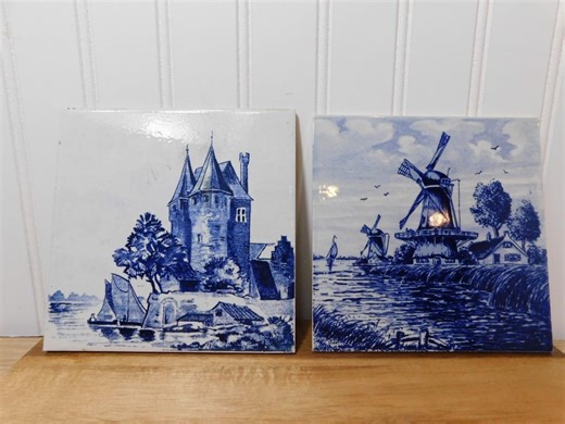 Vintage Delft Hand-painted Tiles | Two Mills & Castle on Ocean | Collectible Dutch Art - Etsy