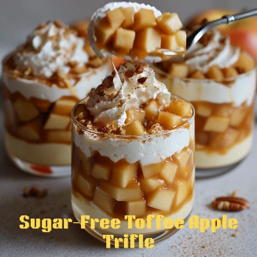 🍎 Sugar-Free Toffee Apple Trifle Layers of creamy toffee pudding, cinnamon apples, and fluffy whipped topping! 📝 Ingredients Apple Layer: 2 medium apples, diced 1 tbsp butter 2 tbsp allulose ½ tsp cinnamon Toffee Pudding Layer: 1 cup heavy cream ¼ cup allulose 1 tbsp butter ½ tsp vanilla extract Whipped Layer: ¾ cup heavy cream 2 tbsp powdered monk fruit 👩‍🍳 Steps to Create Cook apples, butter, allulose, and cinnamon until soft; cool. Heat cream, butter, and allulose until golden and thicken