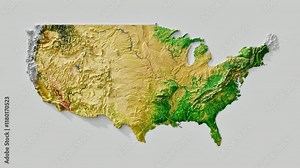 Layered view of a detailed topographic map of the USA. Height, mountains, plains, rivers, and natural landscapes.