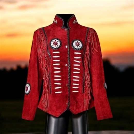 Women's Western Wear Red Suede Leather Beaded & Fringed Jacket - Traditional Vintage Style Buckskin Leather Coat - Women Tassel Jacket - Etsy