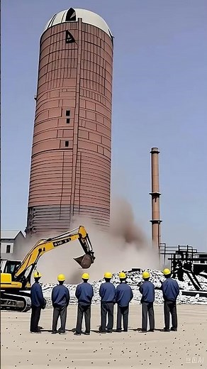 Brick Silo Collapses While Excavator Demolishes It! Intense Crash! #SiloCollapse #ExcavatorShock