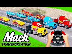 Big Mack Truck haulers Dinoco King, Lightning McQueen and Cruz Ramirez Rust-eze Cars transportation