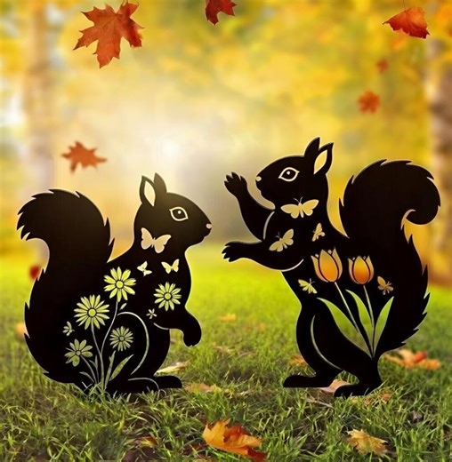 Squirrel Metal Garden Art, Black Squirrel Silhouette With Flowers, Black Squirrel Garden Decor - Etsy