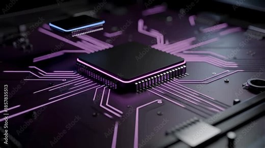 High performance processor chip powering futuristic digital circuitry, advanced semiconductor animation for modern computing systems, innovative electronic hardware technology