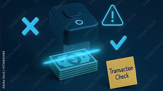 Futuristic payment terminal scanner verifying stack of money with check mark, warning icon and sticky note reading transaction check for secure payment verification and fraud alert