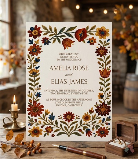 Mexican Folk Floral Wedding Invitation, Autumn Boho Garden Wedding Invite, Rustic Fiesta Style Printable Wedding Template - Etsy