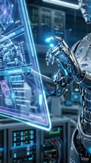 Futuristic AI Robot Interaction – Holographic Technology in Action