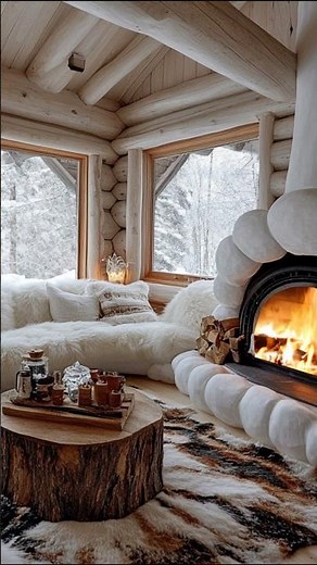 A cozy log cabin interior with a fireplace and snow-covered view. A relaxing and inviting space.