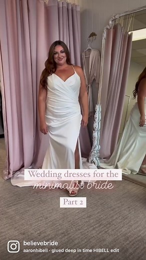 Where are our minimalist brides at? If you’re on the hunt for a dream dress that’s simple, elegant, and the perfect accessory to your natural beauty, then maybe one of these will be the dress you say yes to! #minimaliststyłe #minimalistbride #minimalistwedding #weddingdress #bridalgown #satinweddingdress #satin #ballgown #fitteddress #plussizeweddingdress #simpleweddingdress #weddinginspiration | Believe Bride