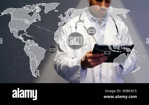 Male doctor tapping tablet, making HUD map icons expand toward screen while analyzing health charts. Clinician, telemedicine, futuristic, medical, world, analytics, dashboard Stock Video Footage - Alamy
