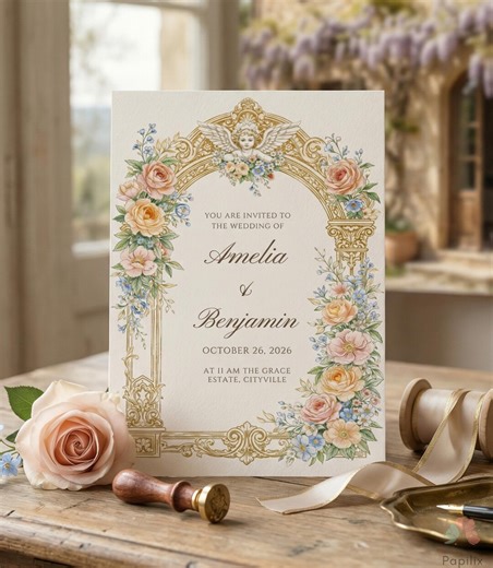 Gold Ornate Arch Wedding Invitation, Pastel Floral Cherub Invite, Renaissance Column Design, Baroque Frame Invite, Romantic Rose Wedding - Etsy