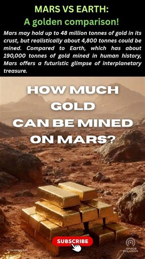 “How Much Gold Can Be Mined on Mars?” Earth has about 190,000 tonnes of gold mined throughout history. #Mars,#Gold,#SpaceMining,#RedPlanet,#MartianSoil,#Futuristic,#SpaceExploration,#Astronomy,#AstroPhotography,#Cosmic,#AlienWorlds,#Exoplanet @highlight | Enknowledgepedia