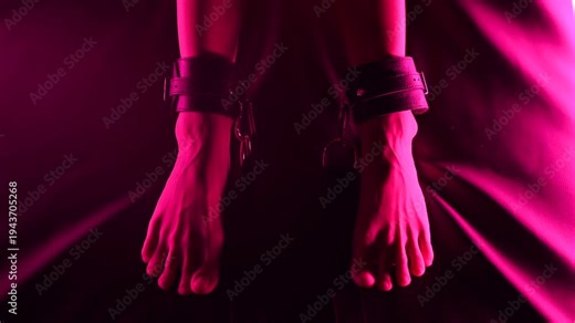 Women's legs in leather shackles. BDSM fetish.