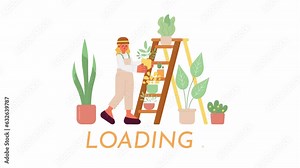 Gardener hobby 2D loading animation. Caucasian young adult woman holding plant pot animated cartoon character 4K video loader motion graphic. Leisure. Working in garden download, upload progress gif