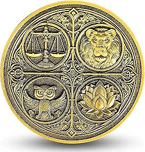 The Cardinal Virtues Stoic Coin with Symbols of Justice, Courage, Wisdom, and Temperance (Single Coin)