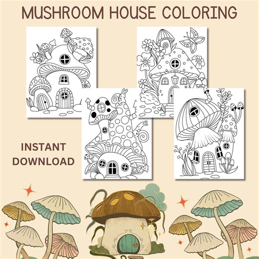 Mushroom House Coloring Pages: Gnome Village Printable (PDF) - Etsy Canada