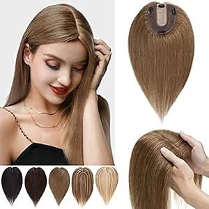 MY-LADY Clip in Human Hair Topper for Women 130% Density 10 * 12cm Silk Base 57g 18 inch #6 Light Brown Remy Hair Top Hairpieces No Bangs